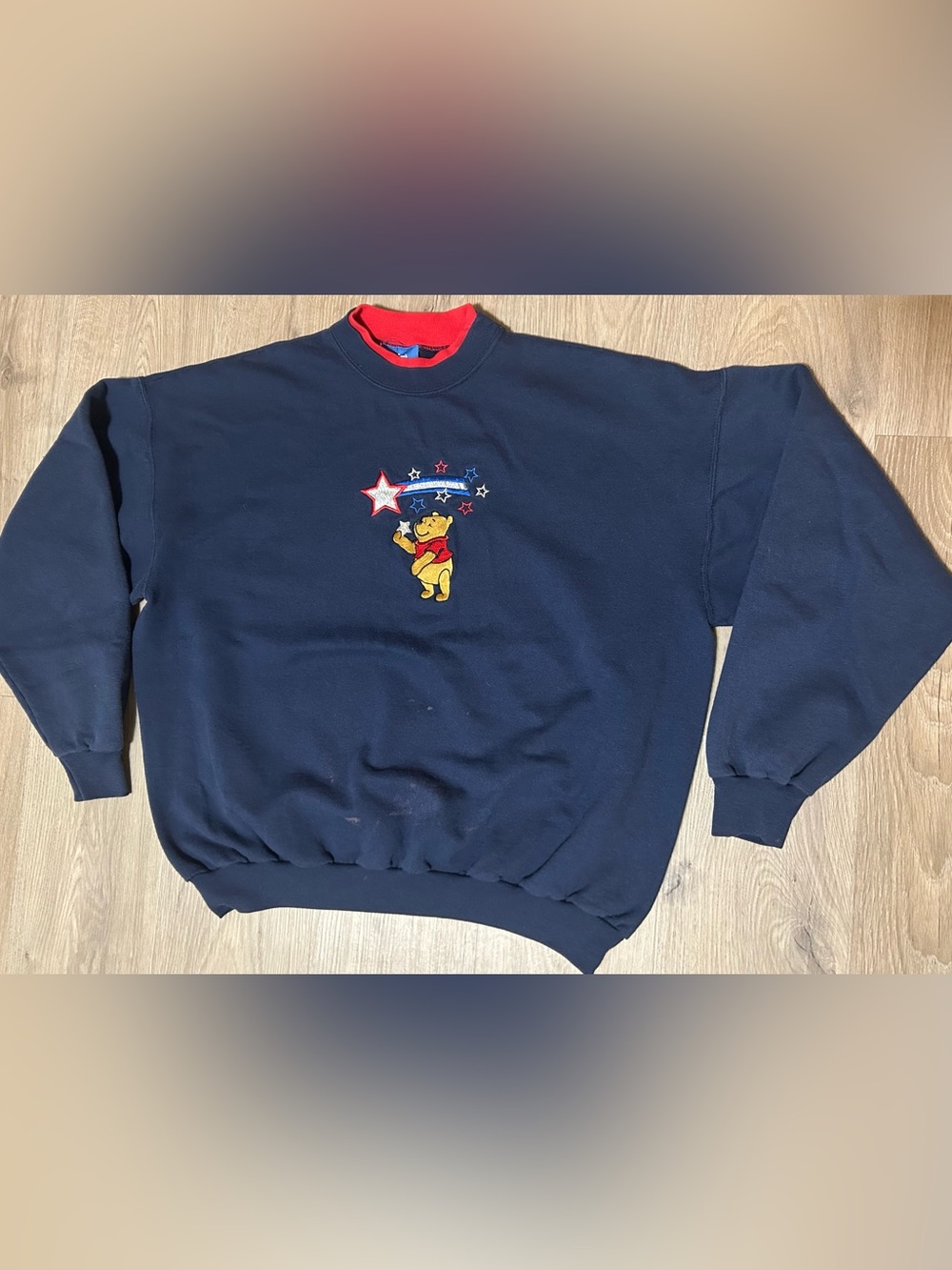 Vintage Disney Navy Crewneck with Red white and blue Winnie the Pooh Embroidery